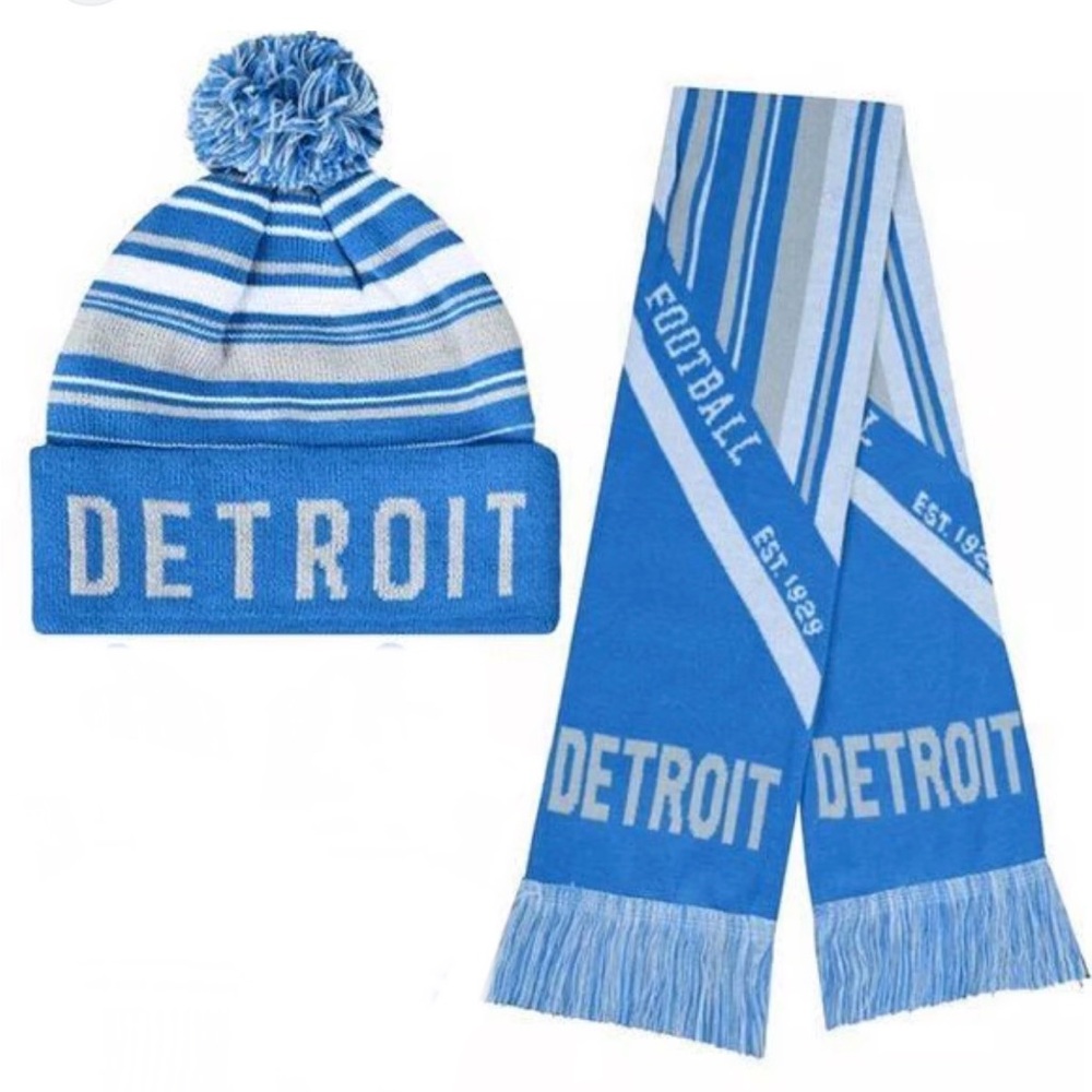 Detroit Lions Blue and White Scarf and Beanie Set